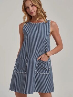 Blue and White Striped Scallop Back Tie Sundress